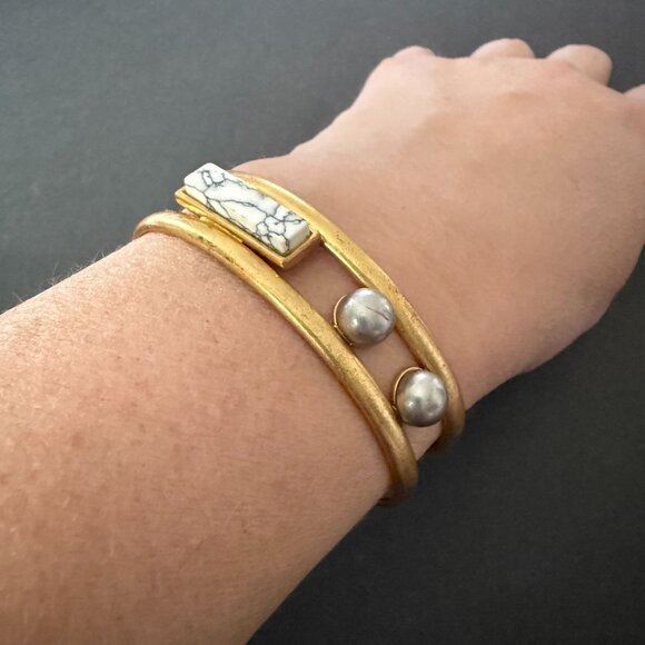 Madewell Gold-Tone Cuff Bracelet Faux Marble Faux Pearl Accents Adjustable Fit - Picture 2 of 10